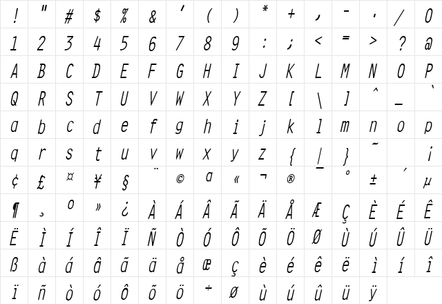 Clean Condensed Italic  glyph index