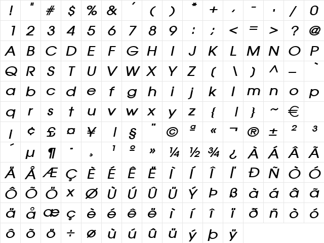 AtillaWide BoldItalic  glyph index