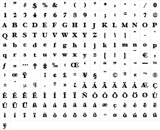 Gascogne-ExtraBold Regular  glyph index