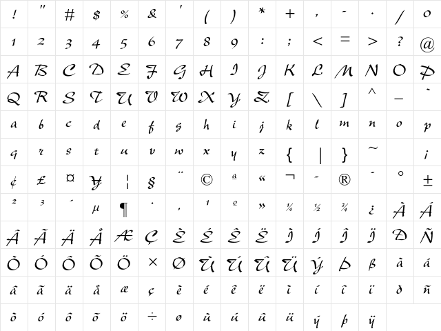 New Berolina MT Std Regular  glyph index