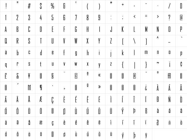 AgencyFB Regular  glyph index