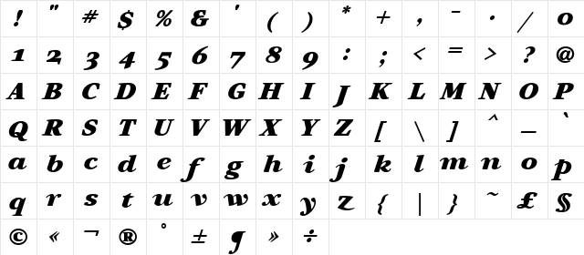 Artemius SN Black Italic  glyph index