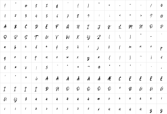 Roulette Regular  glyph index