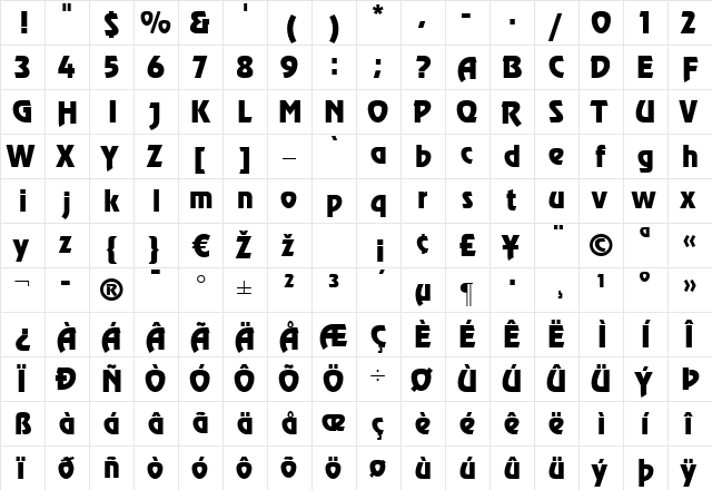 Revue LT Regular  glyph index