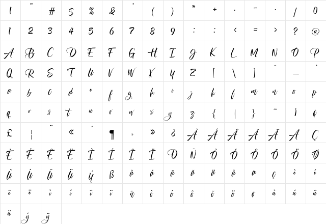 Almere Script Regular  glyph index
