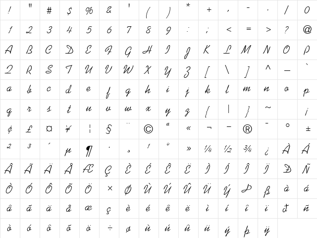 ProseScriptSSK Regular  glyph index