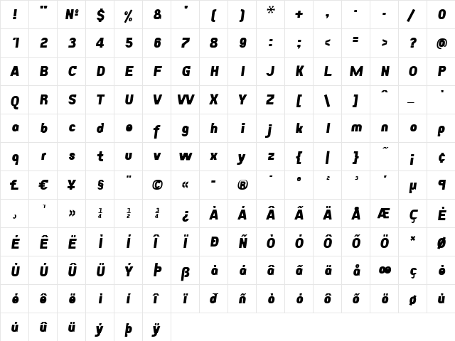 Eunuverse ItalicBold  glyph index