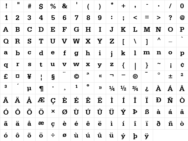 Serifa65 Bold  glyph index
