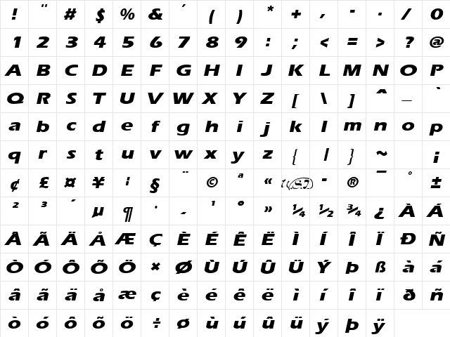 Ergoe Extrabold Expanded Italic  glyph index