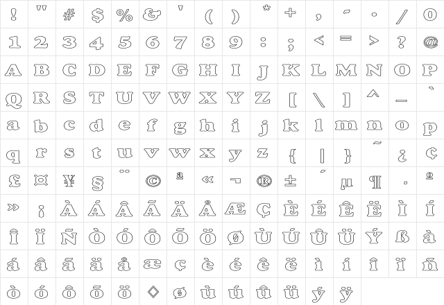 Dover Hvy Hollow Wide Regular  glyph index