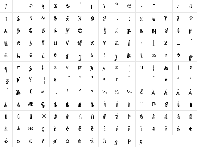 Jambalaya ITC Regular  glyph index