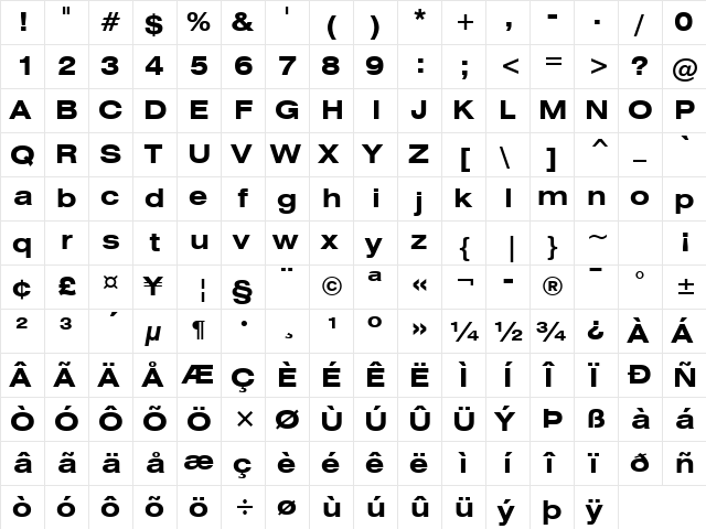 Swis721 Ex BT Bold  glyph index