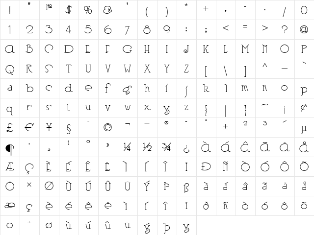 Heberling Casual NF Regular  glyph index