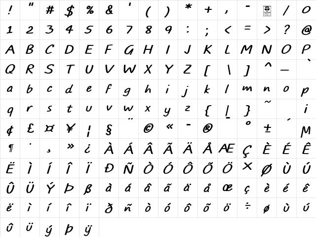 TYPO COMICS Italic DEMO Regular  glyph index