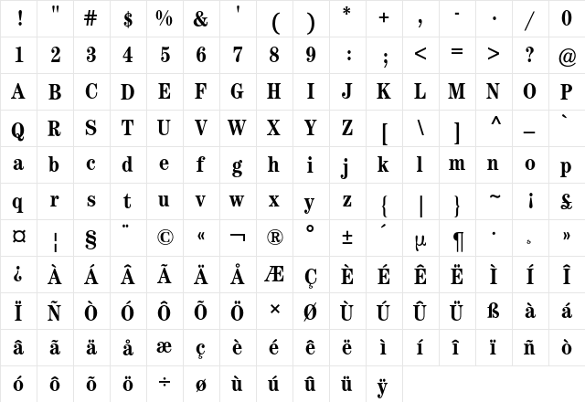 Century ITC BQ Regular  glyph index
