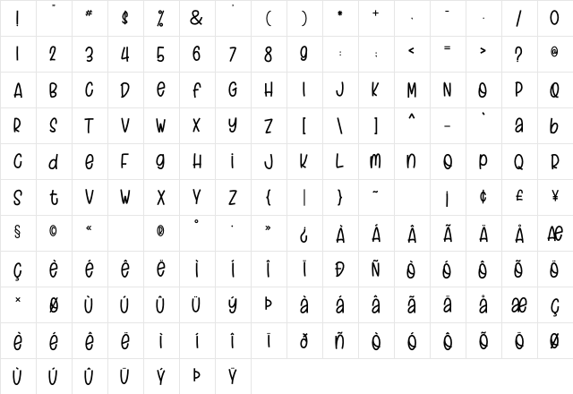 Craft Holic Regular  glyph index