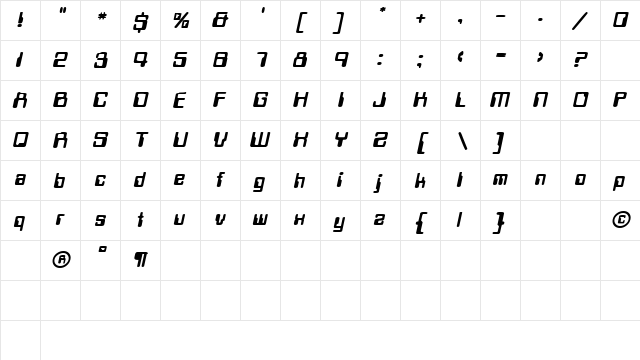 TechSchool BoldOblique  glyph index