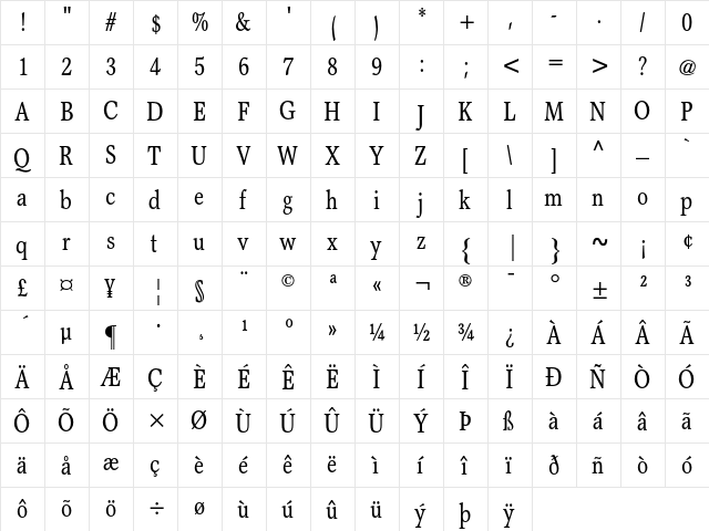 Garth Graphic AT Cond Regular  glyph index