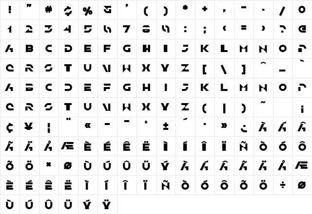 SF Solar Sailer Bold  glyph index