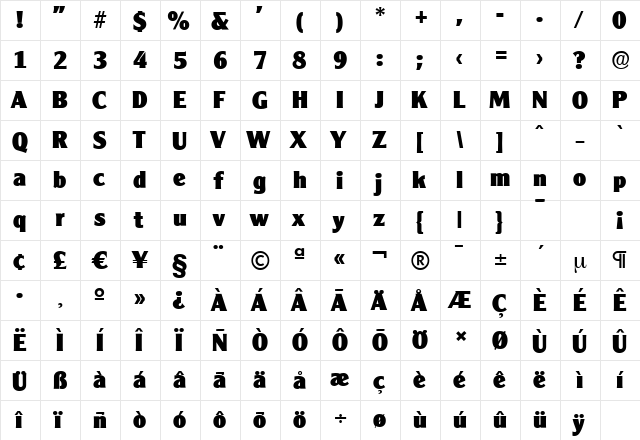 ClearGothicSerial-Heavy Regular  glyph index