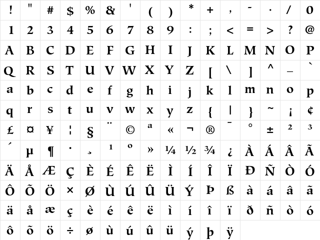 Hiroshige Bold  glyph index