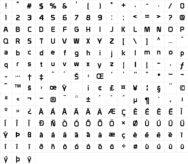 Prototype Regular  glyph index