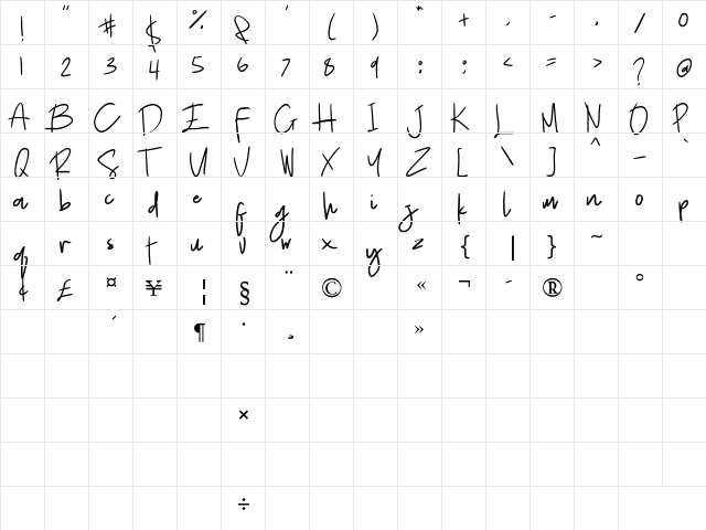 Sweethampton Regular  glyph index