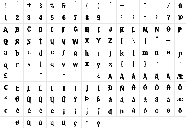 Quinthero Regular  glyph index