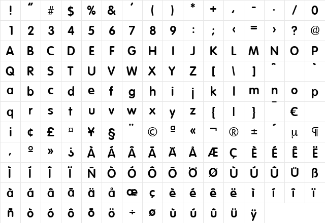 Volkswagen-DemiBold Regular  glyph index