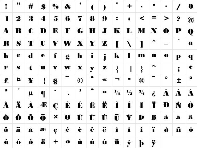 Bodoni MT Std Black  glyph index
