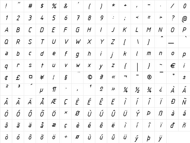 ISOCPEUR Italic  glyph index