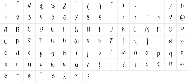 Whiteland Regular  glyph index