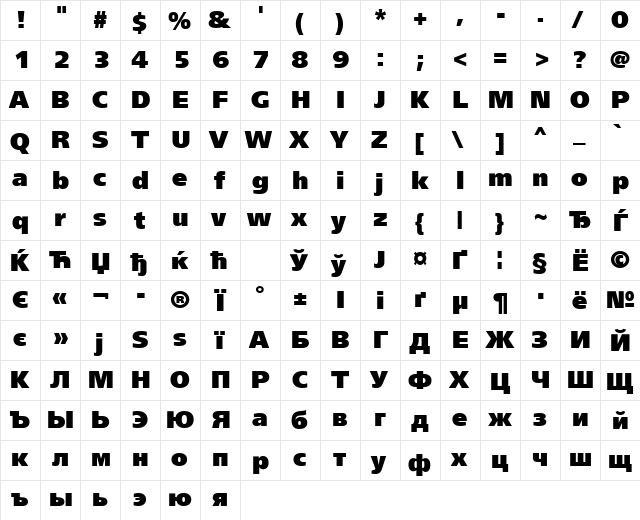 FreeSetExtraCTT Regular  glyph index