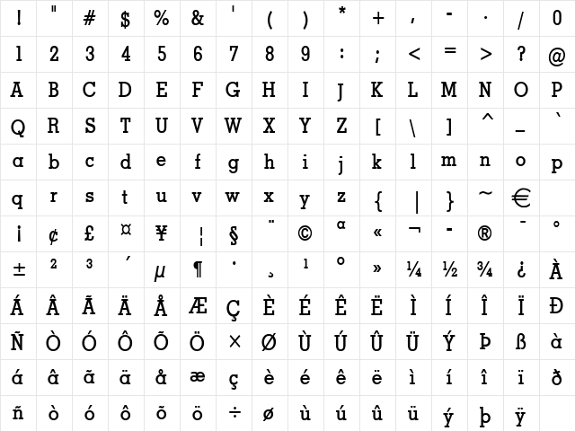 GeoCondensed Bold  glyph index