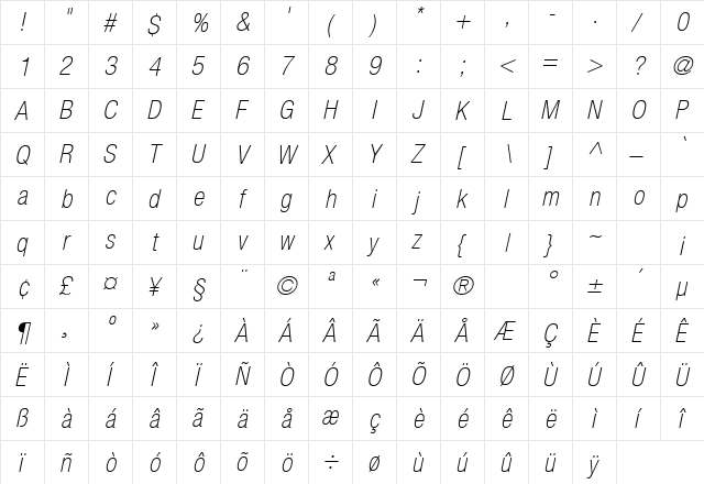 HeaveneticaCond3 ThinOblSH  glyph index
