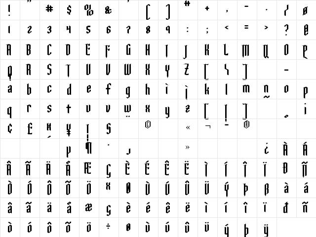 Ysgarth Regular  glyph index