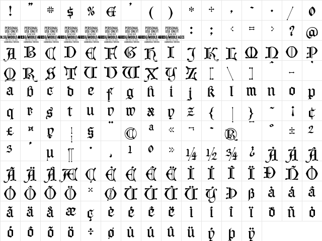 Middle Ages PERSONAL USE Regular  glyph index