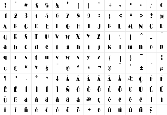 NewYorkDecoCondensed Regular  glyph index