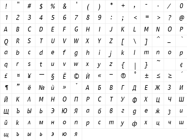 Montana Italic  glyph index