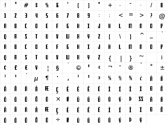 Freezer BTN Condensed Regular  glyph index