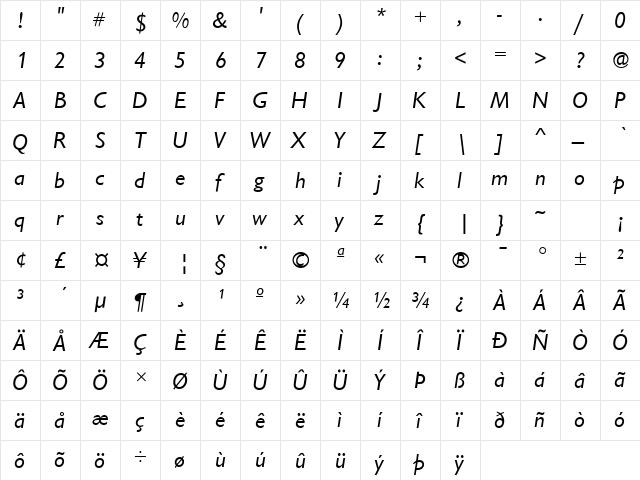 Garrison Sans ITALIC  glyph index