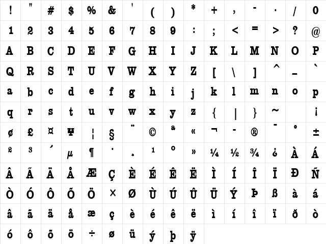 Clare-Condensed Bold  glyph index