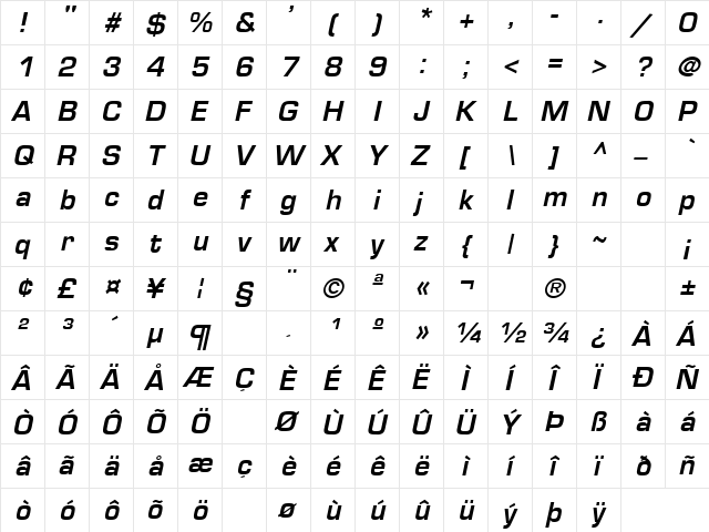 Green Mountain 16 Bold Italic  glyph index