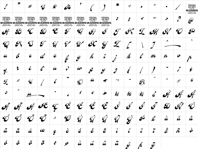 Aerofoil PERSONAL USE ONLY Regular  glyph index