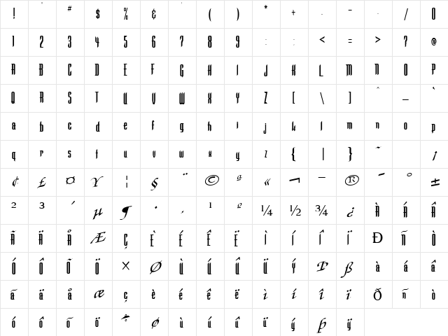 CuteEnvy127 Regular  glyph index