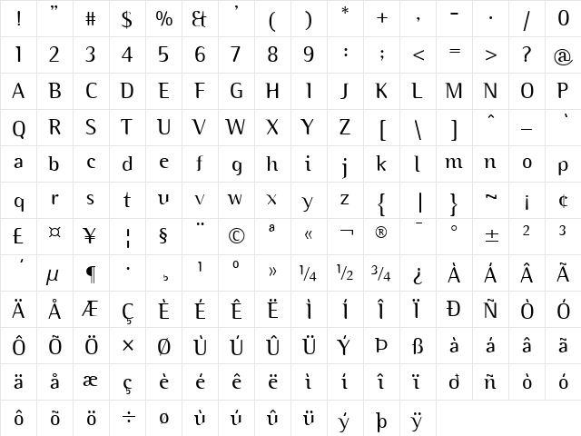 Binary ITC Light  glyph index