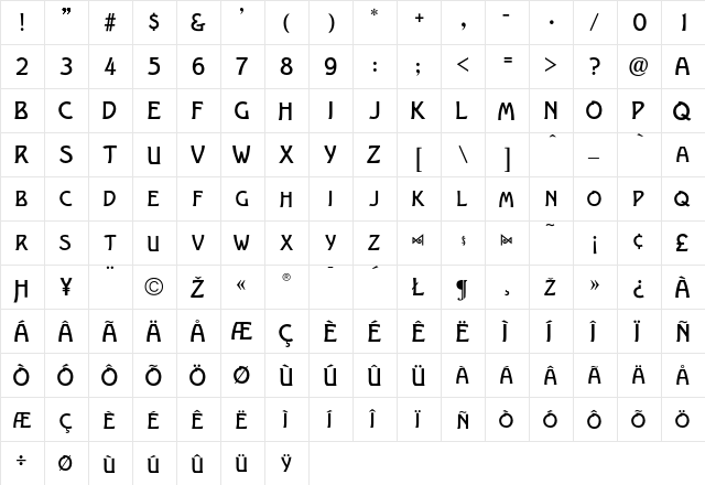 Spartana Regular  glyph index