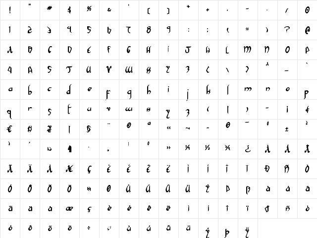 Xaphan II Bold Bold  glyph index