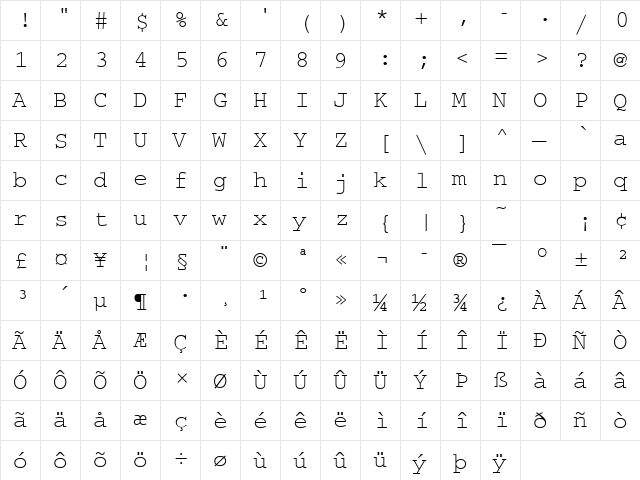 CourierM Regular  glyph index