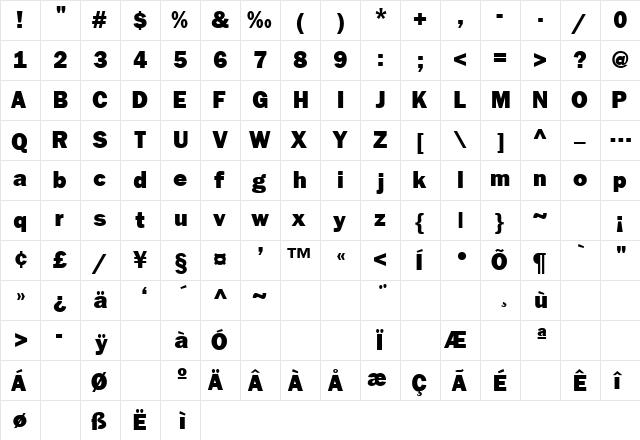 FranklinGothicBoldSSK Bold  glyph index